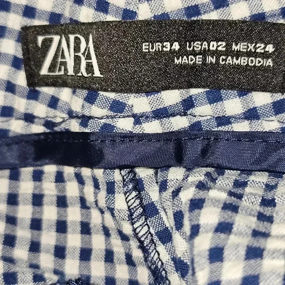 Zara Blue/ White Gingham Straight Leg Pants W Pockets Sz 2 - Picture 9 of 9